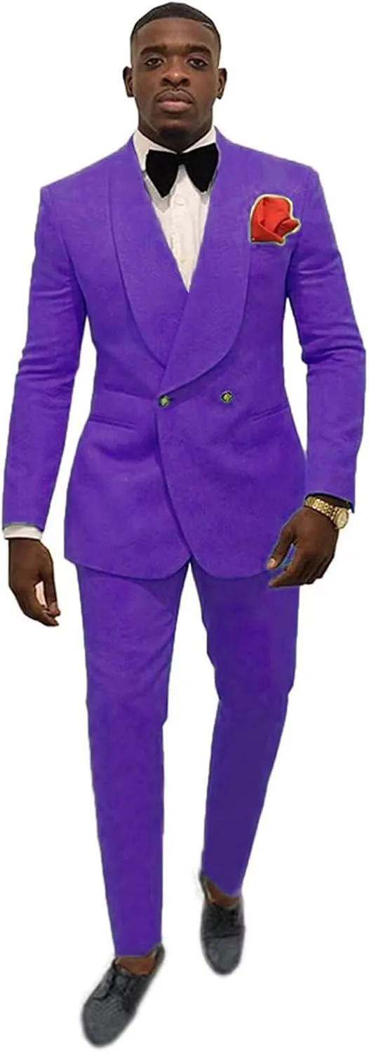 Elegant Double Breasted Suit Men Slim Fit 2 Piece Prom Tuxedo Shawl Lapel Blazer Pant Set JXZ029
