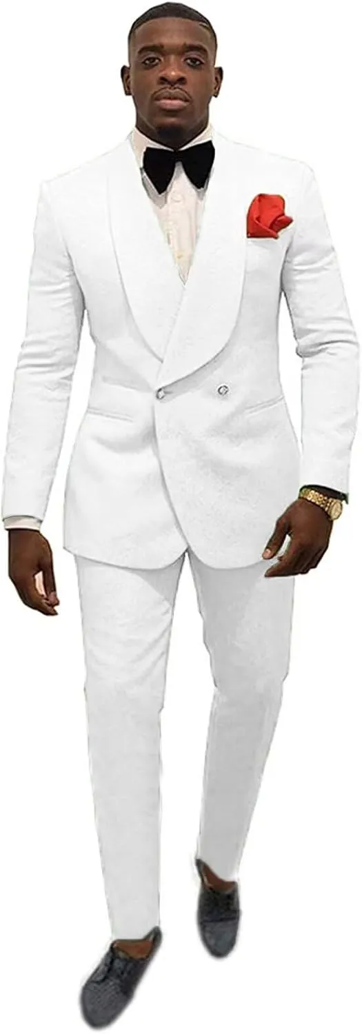 Elegant Double Breasted Suit Men Slim Fit 2 Piece Prom Tuxedo Shawl Lapel Blazer Pant Set JXZ029