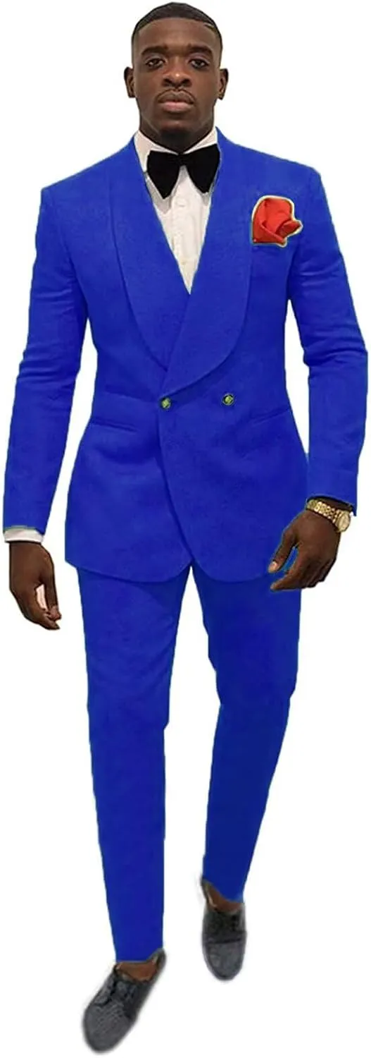 Elegant Double Breasted Suit Men Slim Fit 2 Piece Prom Tuxedo Shawl Lapel Blazer Pant Set JXZ029
