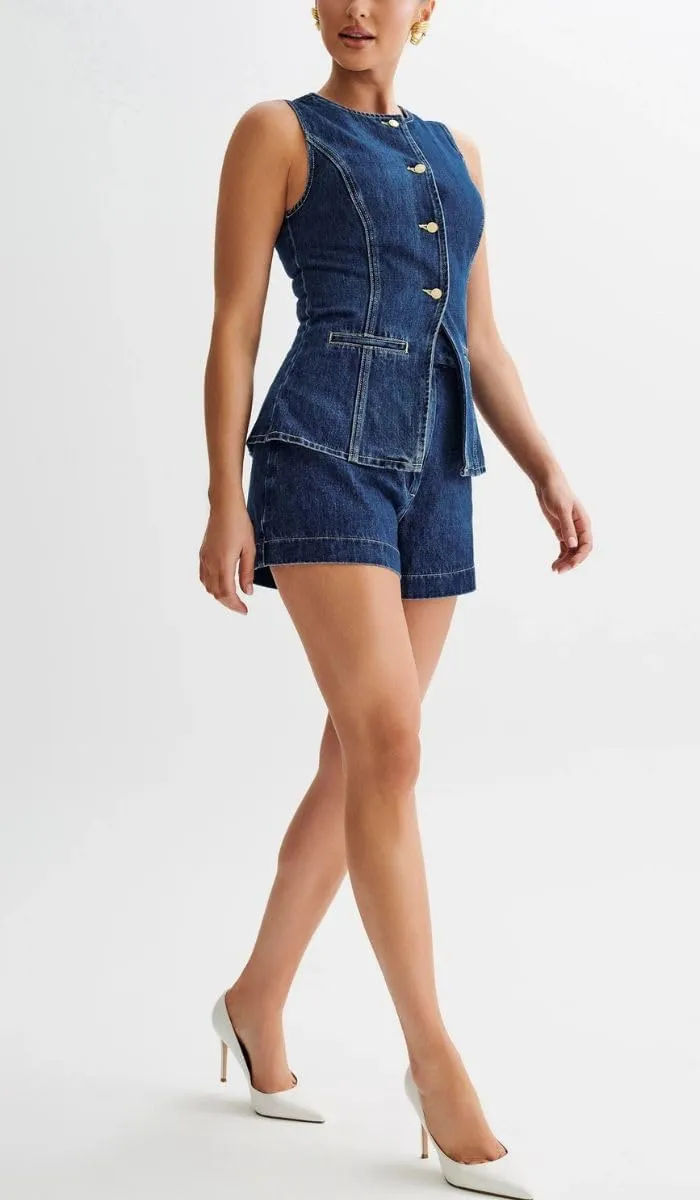 ELFTOWN Women's Denim 2 Piece Outfits Casual Button Down Sleeveless Top Trendy High Waist Jean Shorts