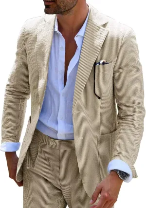 EMERAIDVLN Seersucker Suit Mens 2 Piece Regular Fit Beach Wedding Casual Prom Summer Wear Striped Blazer and Pants