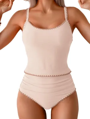Eomenie Tankini Swimsuit for Women Tummy Control Ruched Two Piece Bathing Suits High Waisted Shell Stitch Swimwear