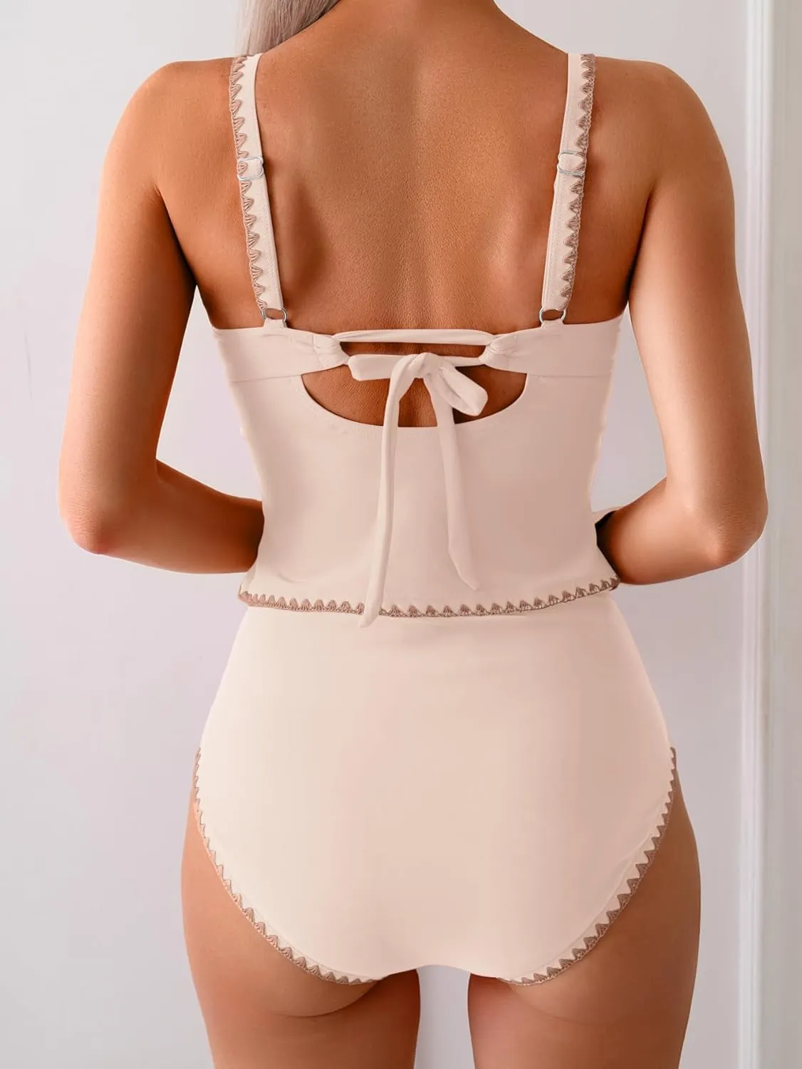 Eomenie Tankini Swimsuit for Women Tummy Control Ruched Two Piece Bathing Suits High Waisted Shell Stitch Swimwear