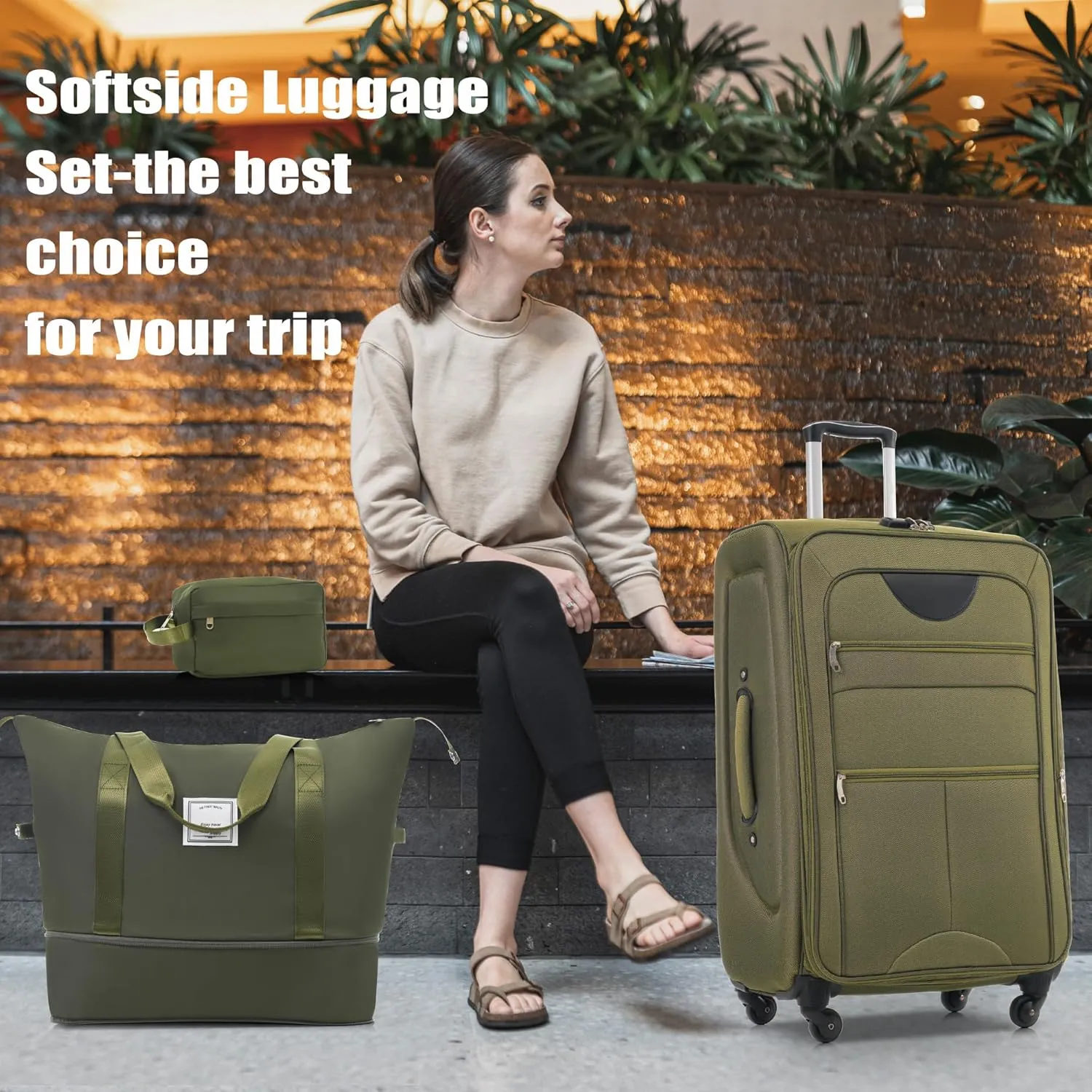 Expandable Softside Luggage Sets, 3 Piece Suitcase with Duffel Bag, Upright Spinner Suitcase Sets, Lightweight Durable Softshell Travel Set TSA Lock, 20"/24"/28", Army Green