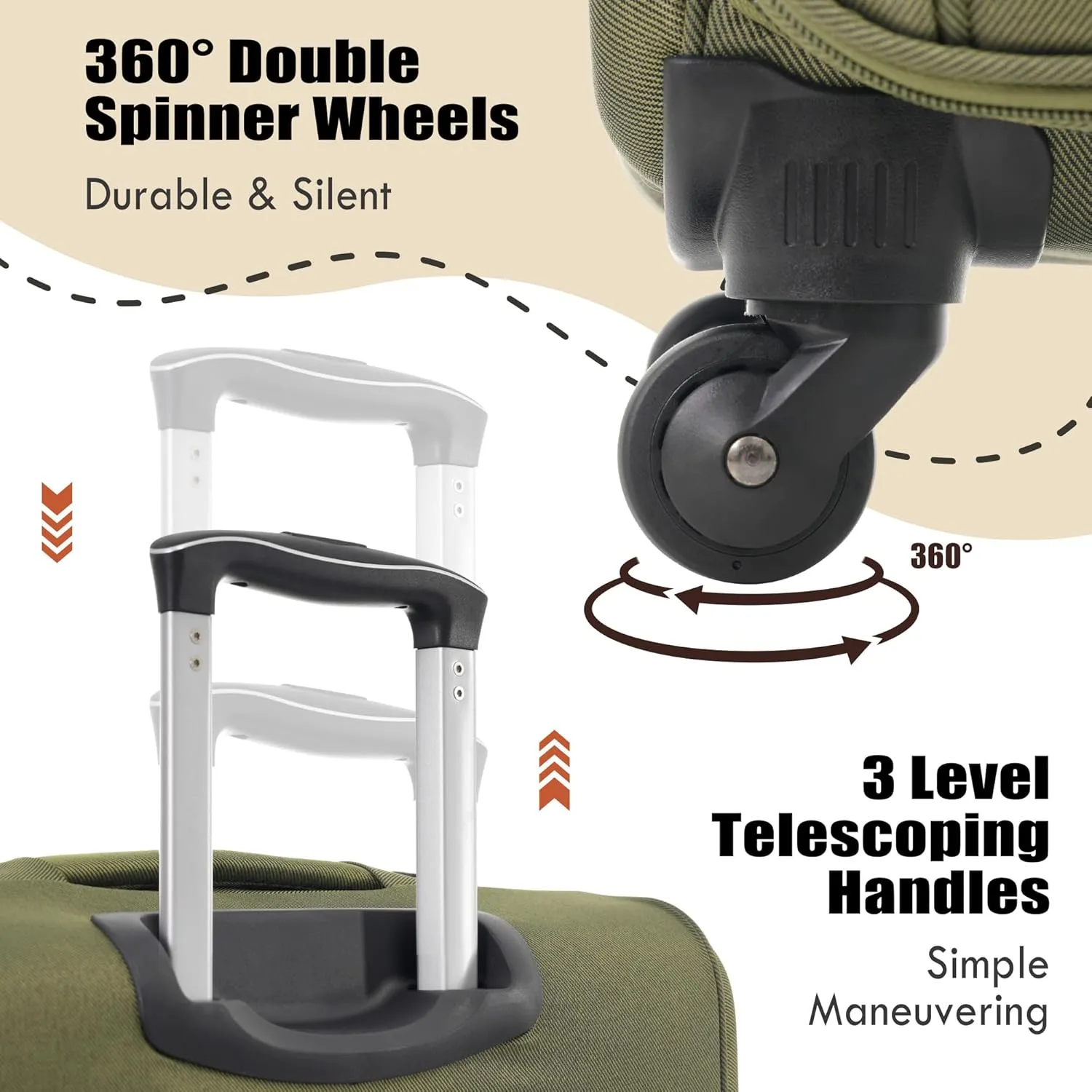 Expandable Softside Luggage Sets, 3 Piece Suitcase with Duffel Bag, Upright Spinner Suitcase Sets, Lightweight Durable Softshell Travel Set TSA Lock, 20"/24"/28", Army Green