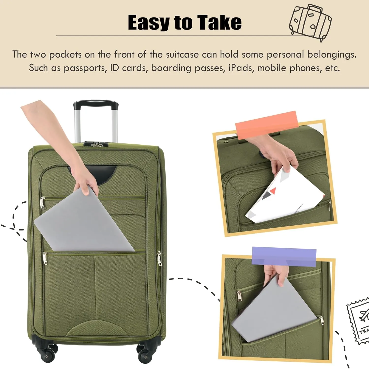 Expandable Softside Luggage Sets, 3 Piece Suitcase with Duffel Bag, Upright Spinner Suitcase Sets, Lightweight Durable Softshell Travel Set TSA Lock, 20"/24"/28", Army Green