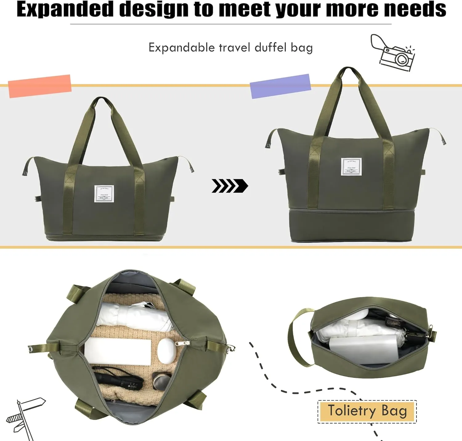 Expandable Softside Luggage Sets, 3 Piece Suitcase with Duffel Bag, Upright Spinner Suitcase Sets, Lightweight Durable Softshell Travel Set TSA Lock, 20"/24"/28", Army Green