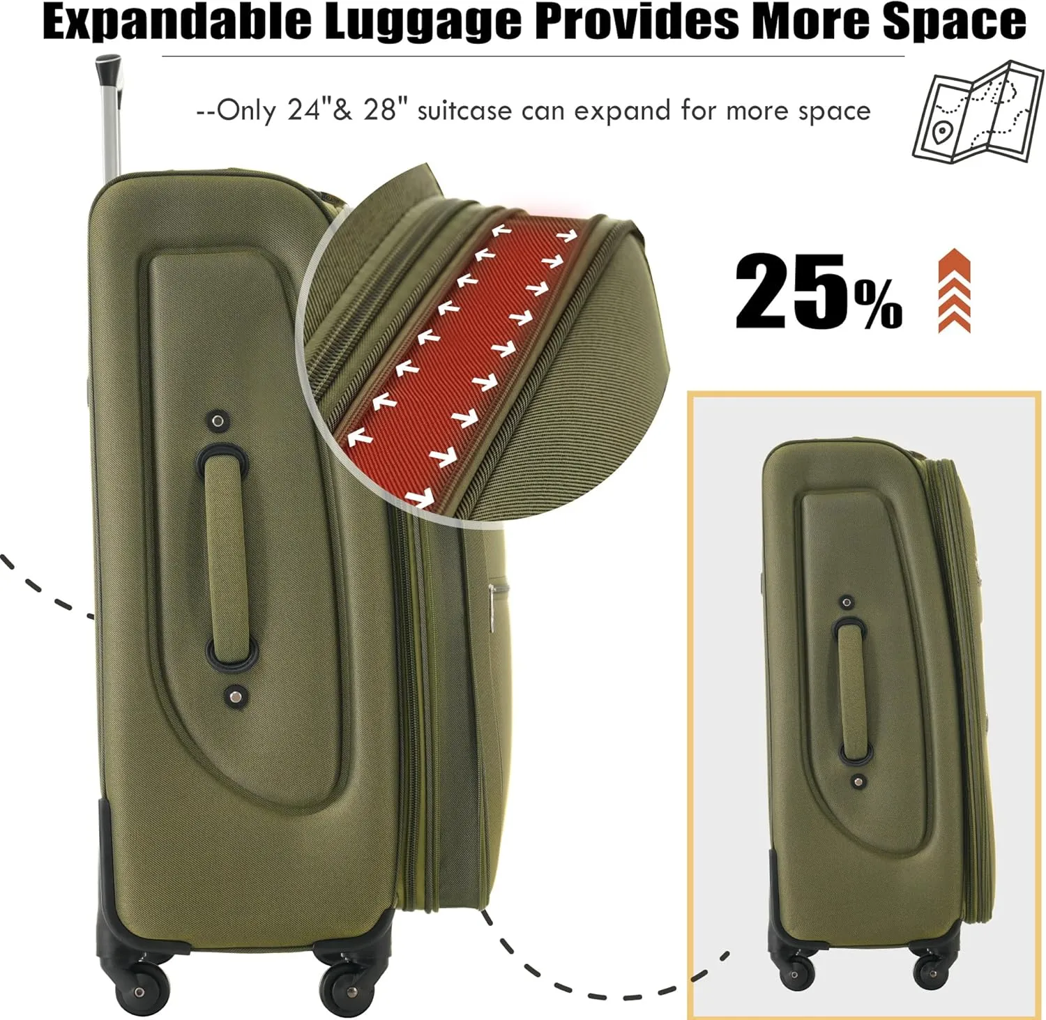 Expandable Softside Luggage Sets, 3 Piece Suitcase with Duffel Bag, Upright Spinner Suitcase Sets, Lightweight Durable Softshell Travel Set TSA Lock, 20"/24"/28", Army Green