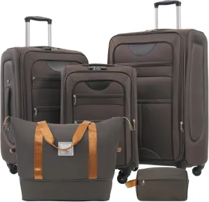 Expandable Softside Luggage Sets, 3 Piece Suitcase with Duffel Bag, Upright Spinner Suitcase Sets, Lightweight Durable Softshell Travel Set TSA Lock, 20"/24"/28", Brown