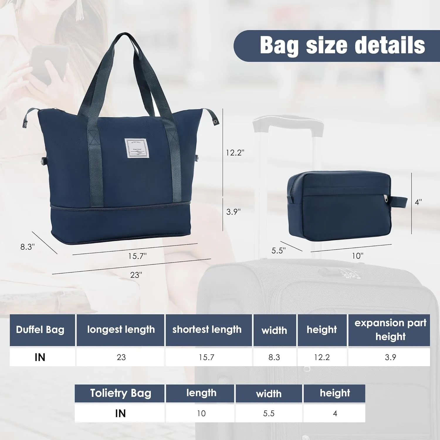 Expandable Softside Luggage Sets, 3 Piece Suitcase with Duffel Bag, Upright Spinner Suitcase Sets, Lightweight Durable Softshell Travel Set TSA Lock, 20"/24"/28", Dark Blue