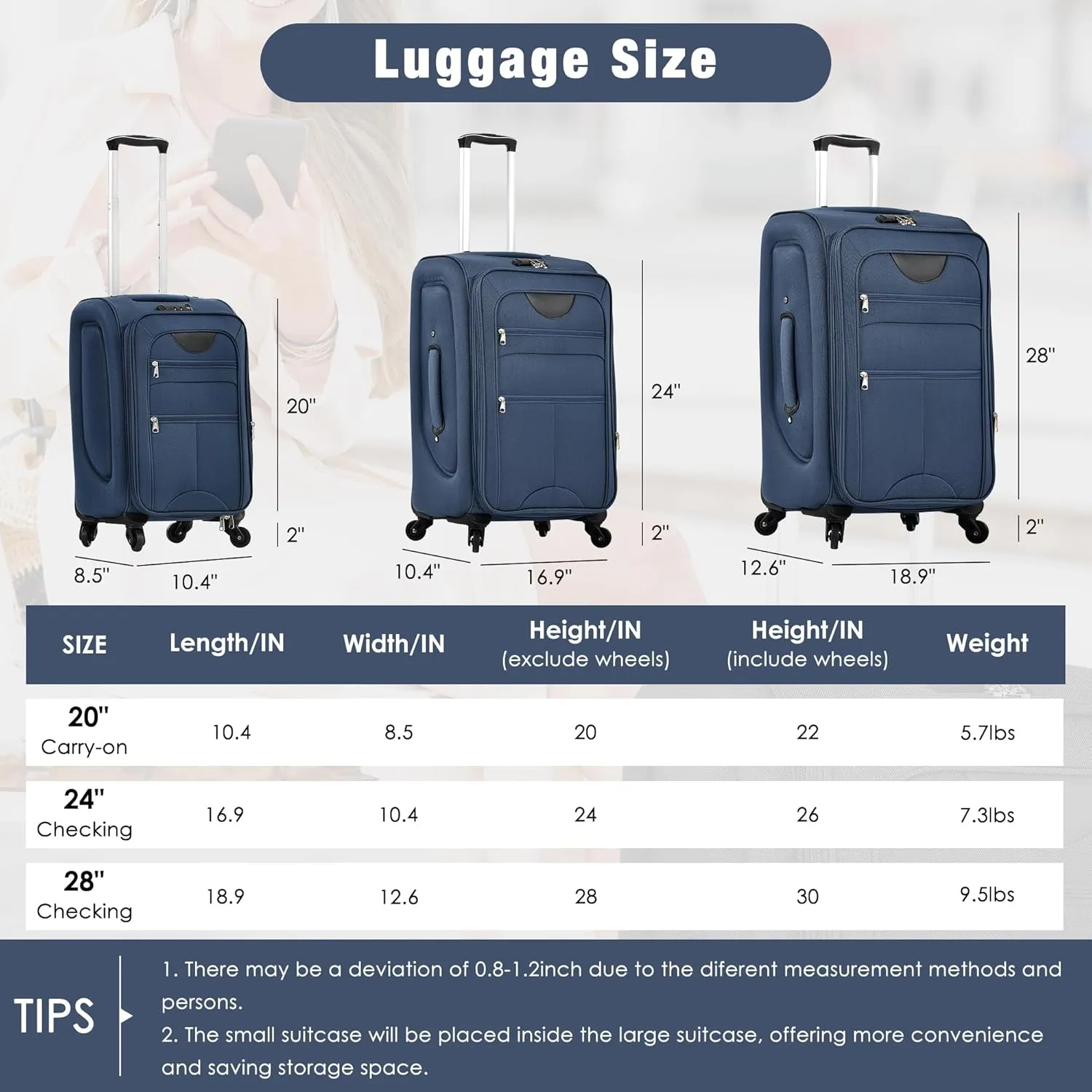 Expandable Softside Luggage Sets, 3 Piece Suitcase with Duffel Bag, Upright Spinner Suitcase Sets, Lightweight Durable Softshell Travel Set TSA Lock, 20"/24"/28", Dark Blue