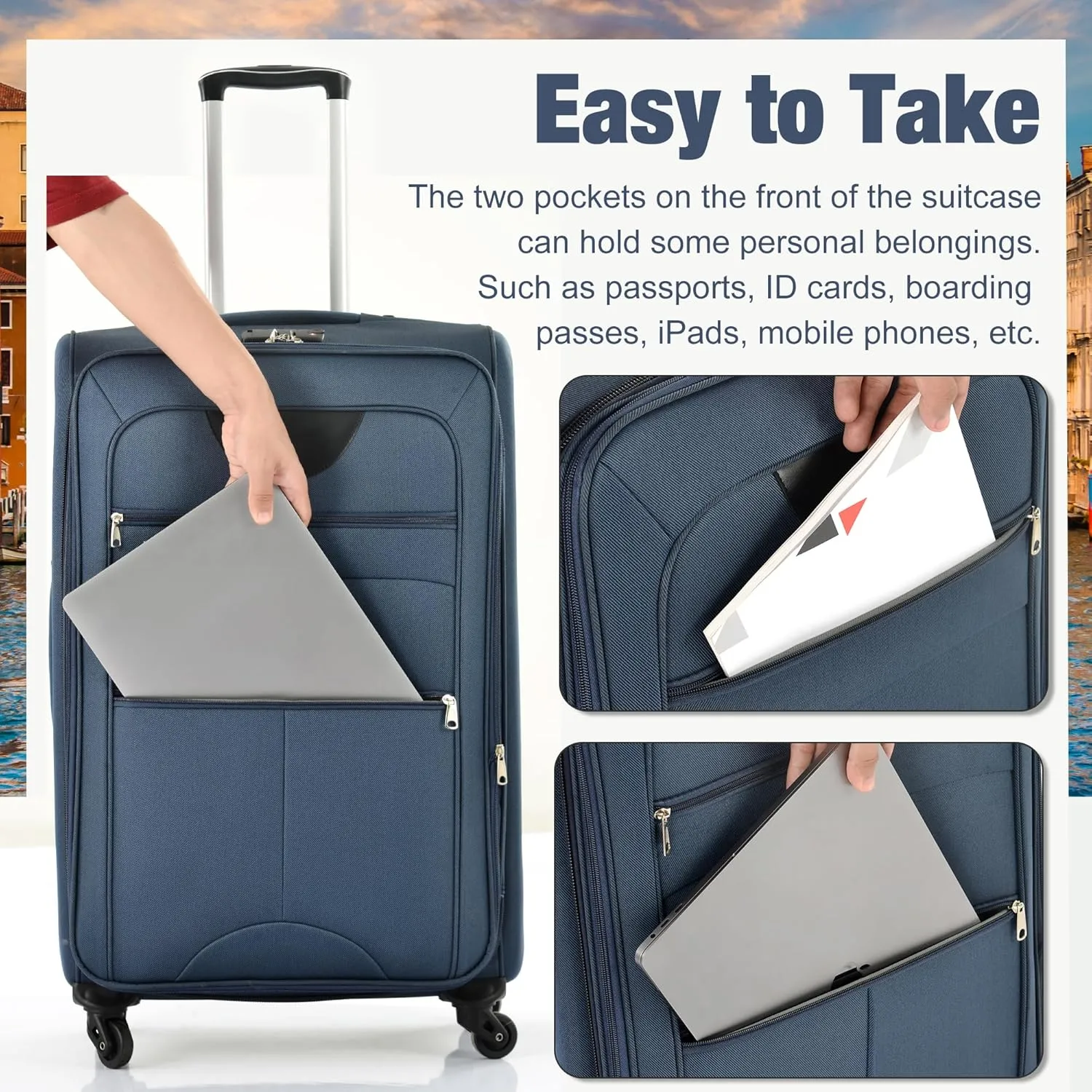 Expandable Softside Luggage Sets, 3 Piece Suitcase with Duffel Bag, Upright Spinner Suitcase Sets, Lightweight Durable Softshell Travel Set TSA Lock, 20"/24"/28", Dark Blue