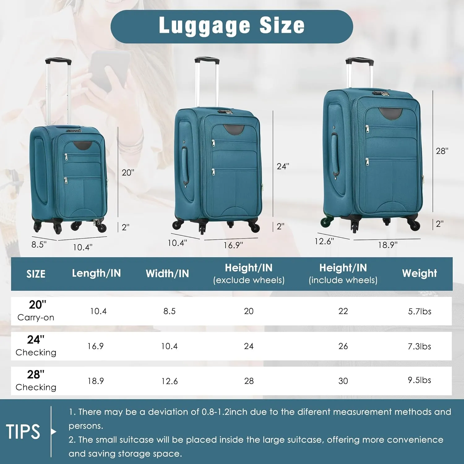 Expandable Softside Luggage Sets, 3 Piece Suitcase with Duffel Bag, Upright Spinner Suitcase Sets, Lightweight Durable Softshell Travel Set TSA Lock, 20"/24"/28", Green