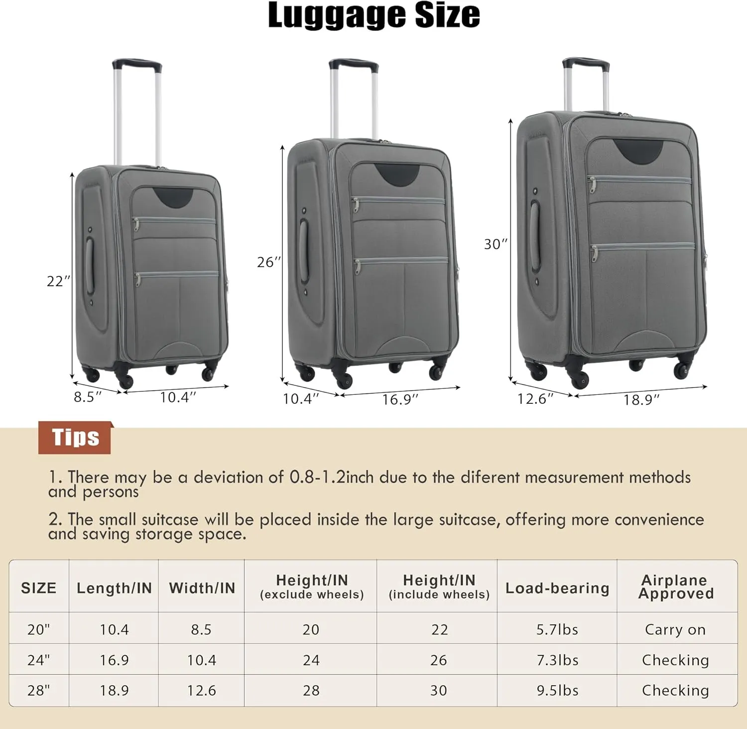 Expandable Softside Luggage Sets, 3 Piece Suitcase with Duffel Bag, Upright Spinner Suitcase Sets, Lightweight Durable Softshell Travel Set TSA Lock, 20"/24"/28", Grey