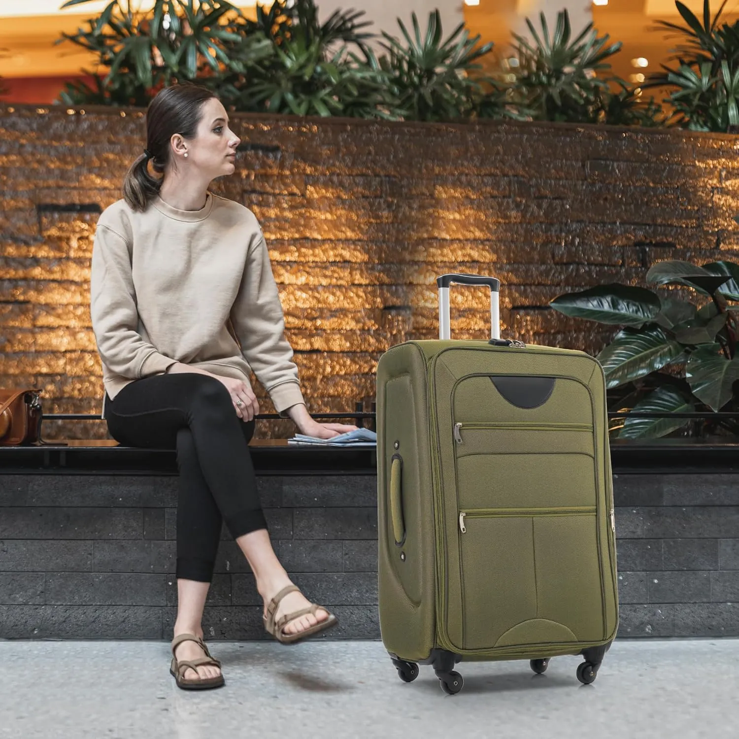 Expandable Softside Luggage Sets 3 Piece, Upright Spinner Suitcase Sets, Lightweight Durable Travel Softshell Set TSA Lock, 20in/24in/28in, Army Green