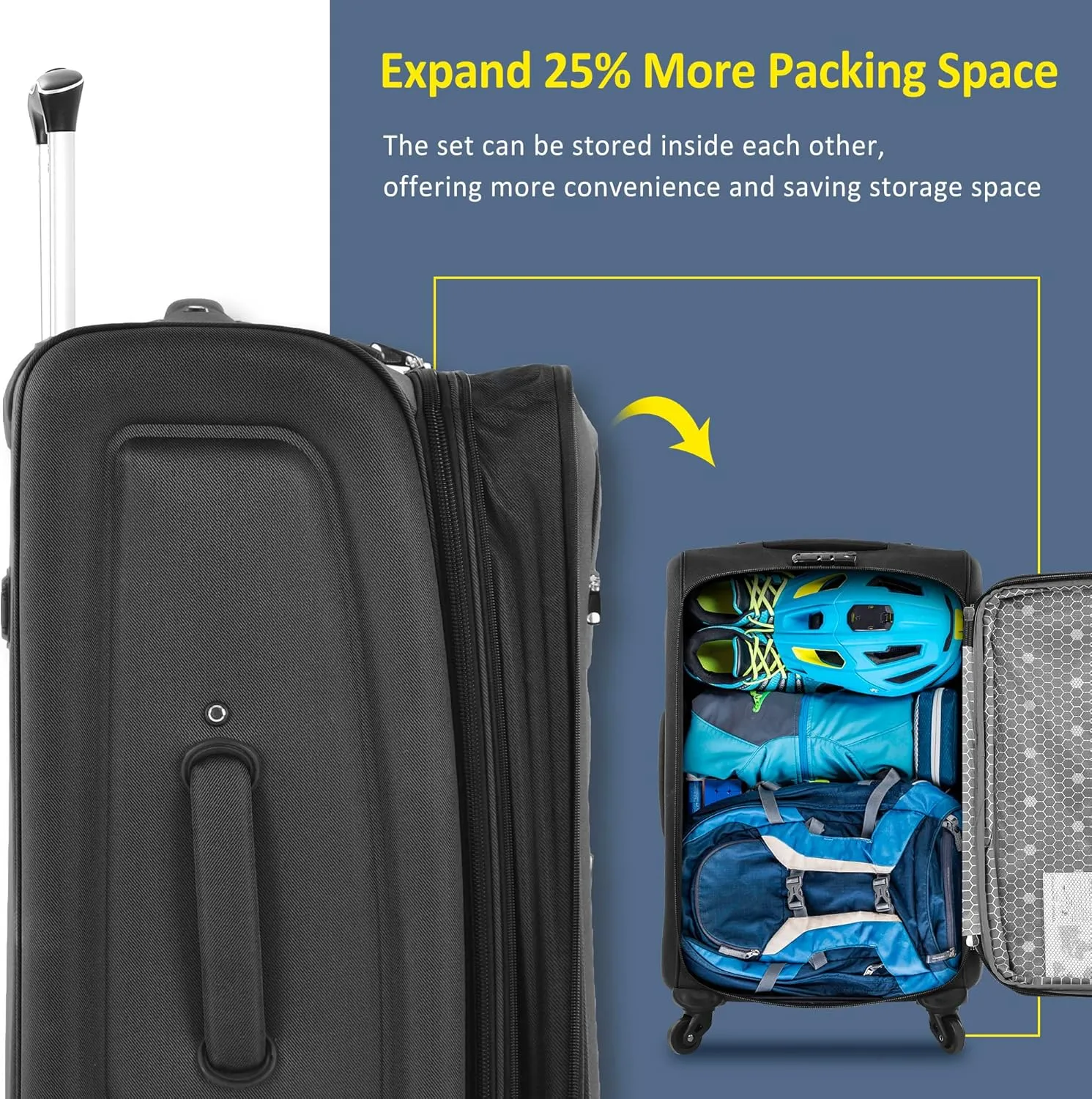 Expandable Softside Luggage Sets 3 Piece, Upright Spinner Suitcase Sets, Lightweight Durable Travel Softshell Set TSA Lock, 20in/24in/28in, Black