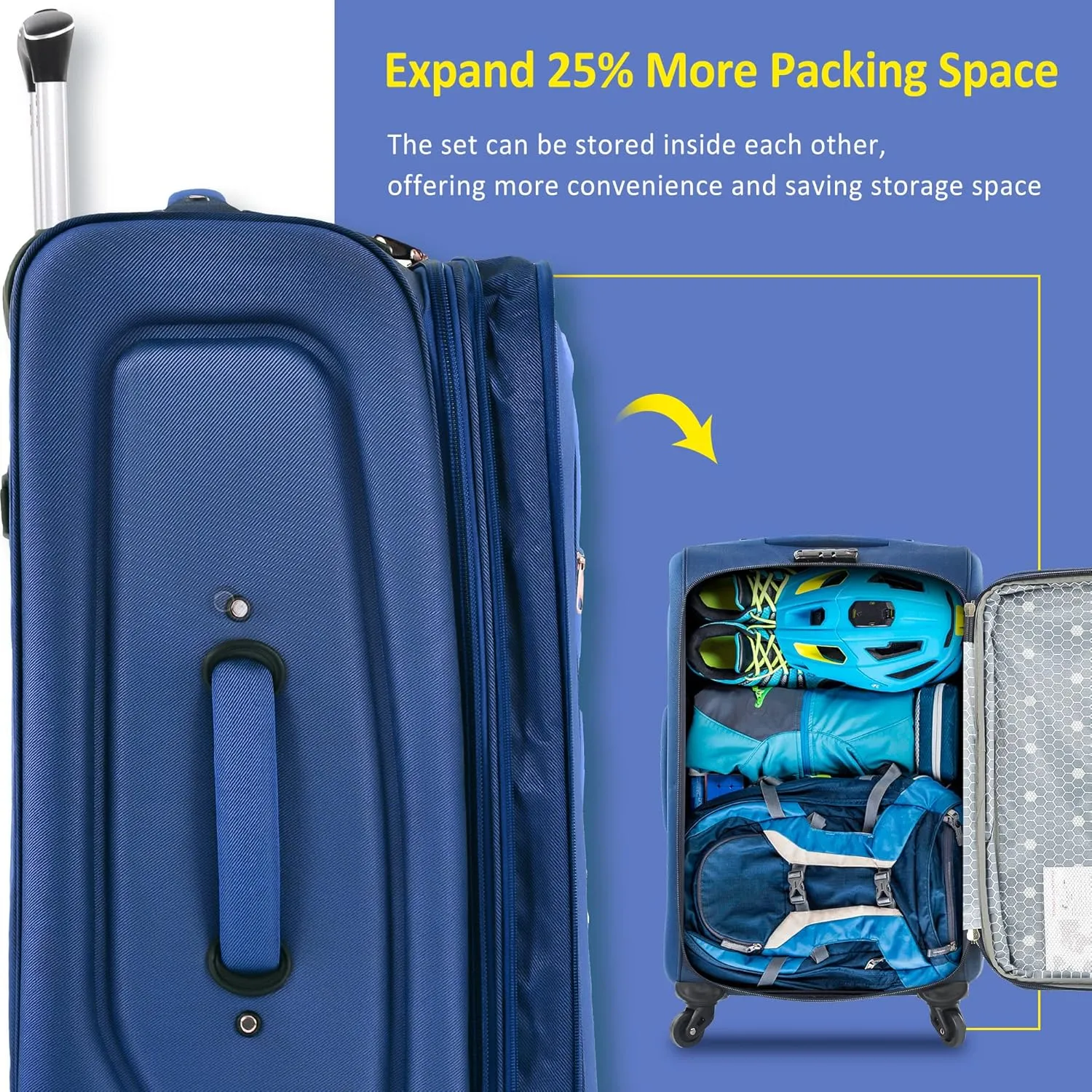 Expandable Softside Luggage Sets 3 Piece, Upright Spinner Suitcase Sets, Lightweight Durable Travel Softshell Set TSA Lock, 20in/24in/28in, Blue
