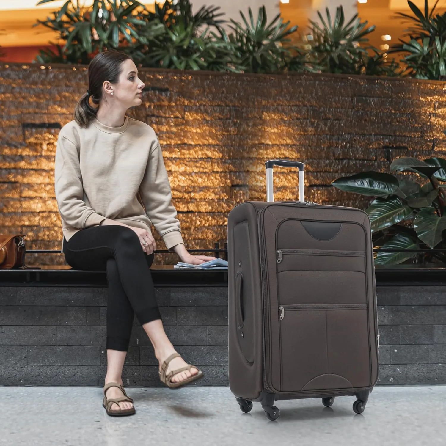 Expandable Softside Luggage Sets 3 Piece, Upright Spinner Suitcase Sets, Lightweight Durable Travel Softshell Set TSA Lock, 20in/24in/28in, Brown