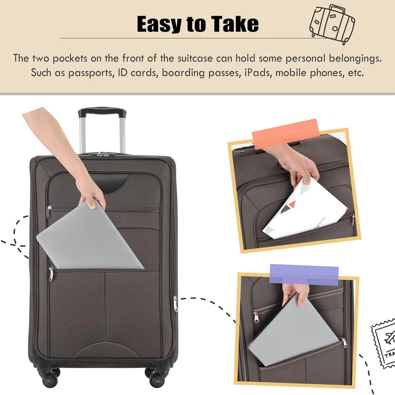 Expandable Softside Luggage Sets 3 Piece, Upright Spinner Suitcase Sets, Lightweight Durable Travel Softshell Set TSA Lock, 20in/24in/28in, Brown