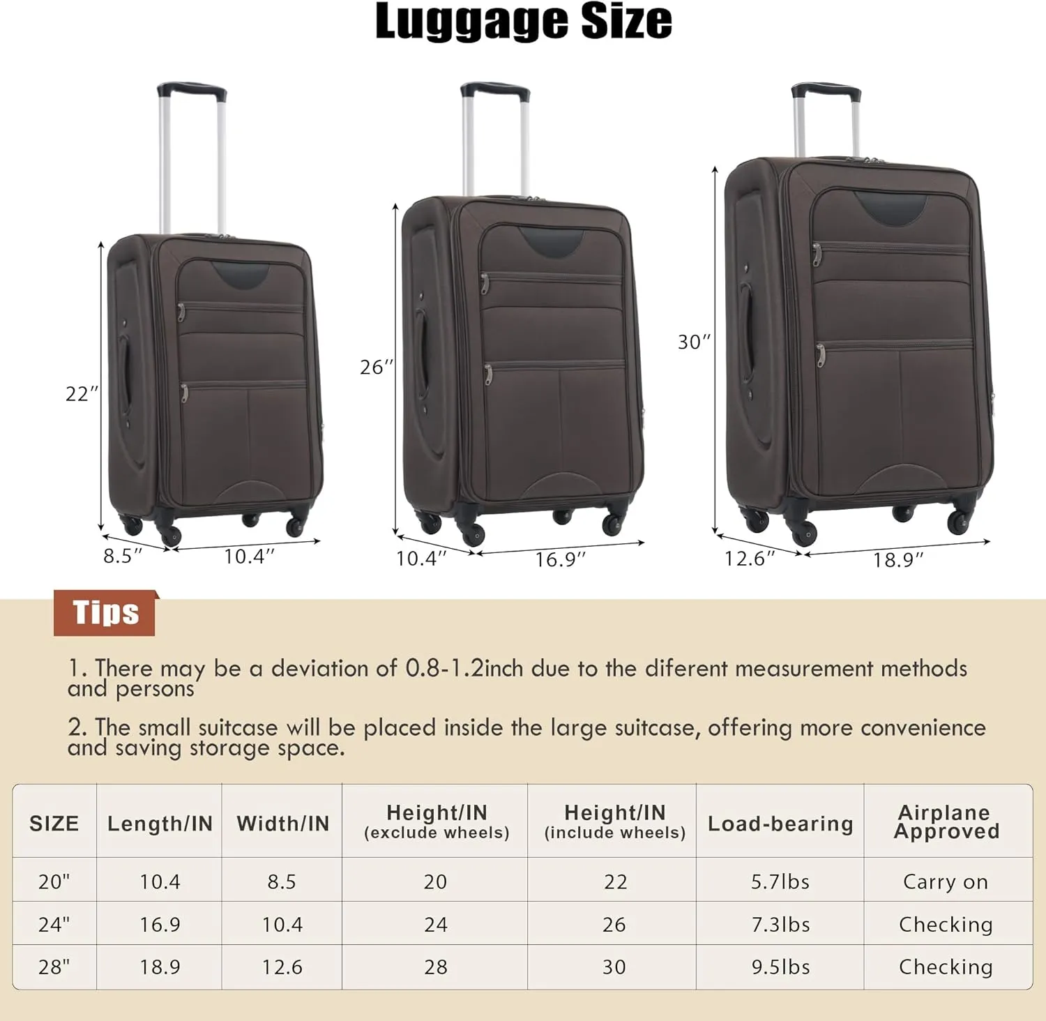 Expandable Softside Luggage Sets 3 Piece, Upright Spinner Suitcase Sets, Lightweight Durable Travel Softshell Set TSA Lock, 20in/24in/28in, Brown