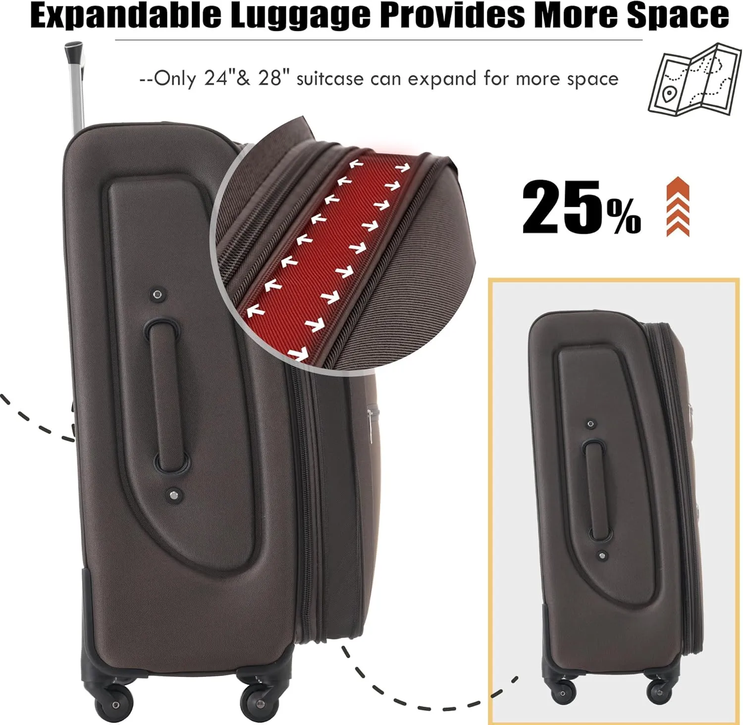 Expandable Softside Luggage Sets 3 Piece, Upright Spinner Suitcase Sets, Lightweight Durable Travel Softshell Set TSA Lock, 20in/24in/28in, Brown