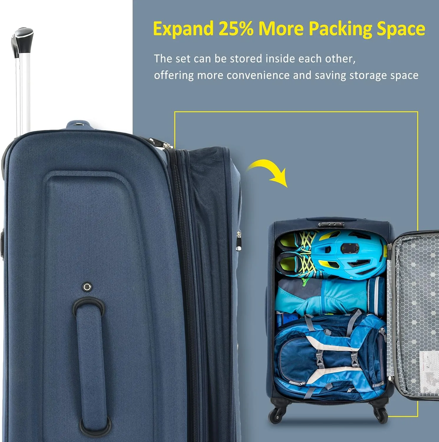 Expandable Softside Luggage Sets 3 Piece, Upright Spinner Suitcase Sets, Lightweight Durable Travel Softshell Set TSA Lock, 20in/24in/28in, Dark Blue