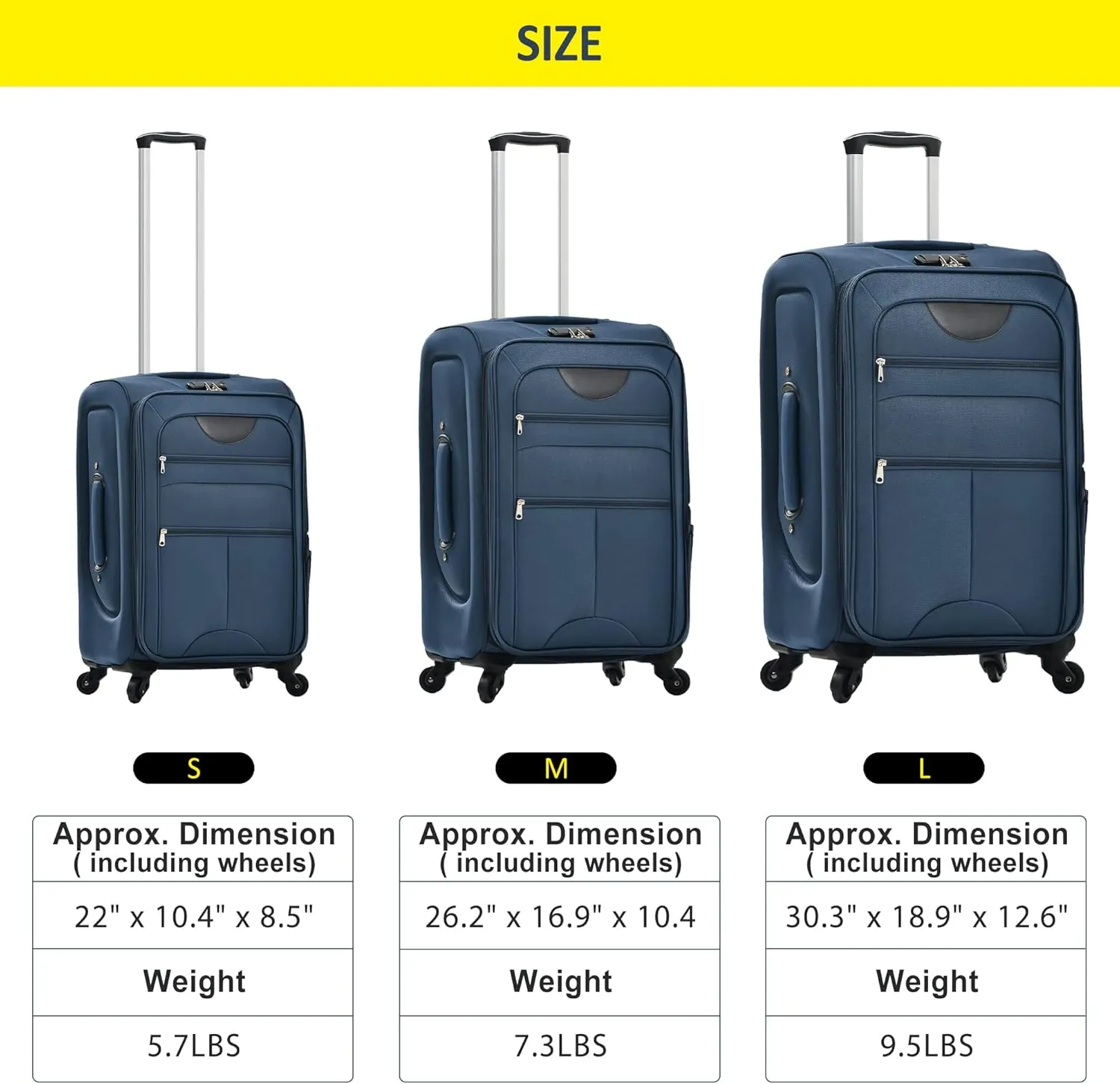 Expandable Softside Luggage Sets 3 Piece, Upright Spinner Suitcase Sets, Lightweight Durable Travel Softshell Set TSA Lock, 20in/24in/28in, Dark Blue