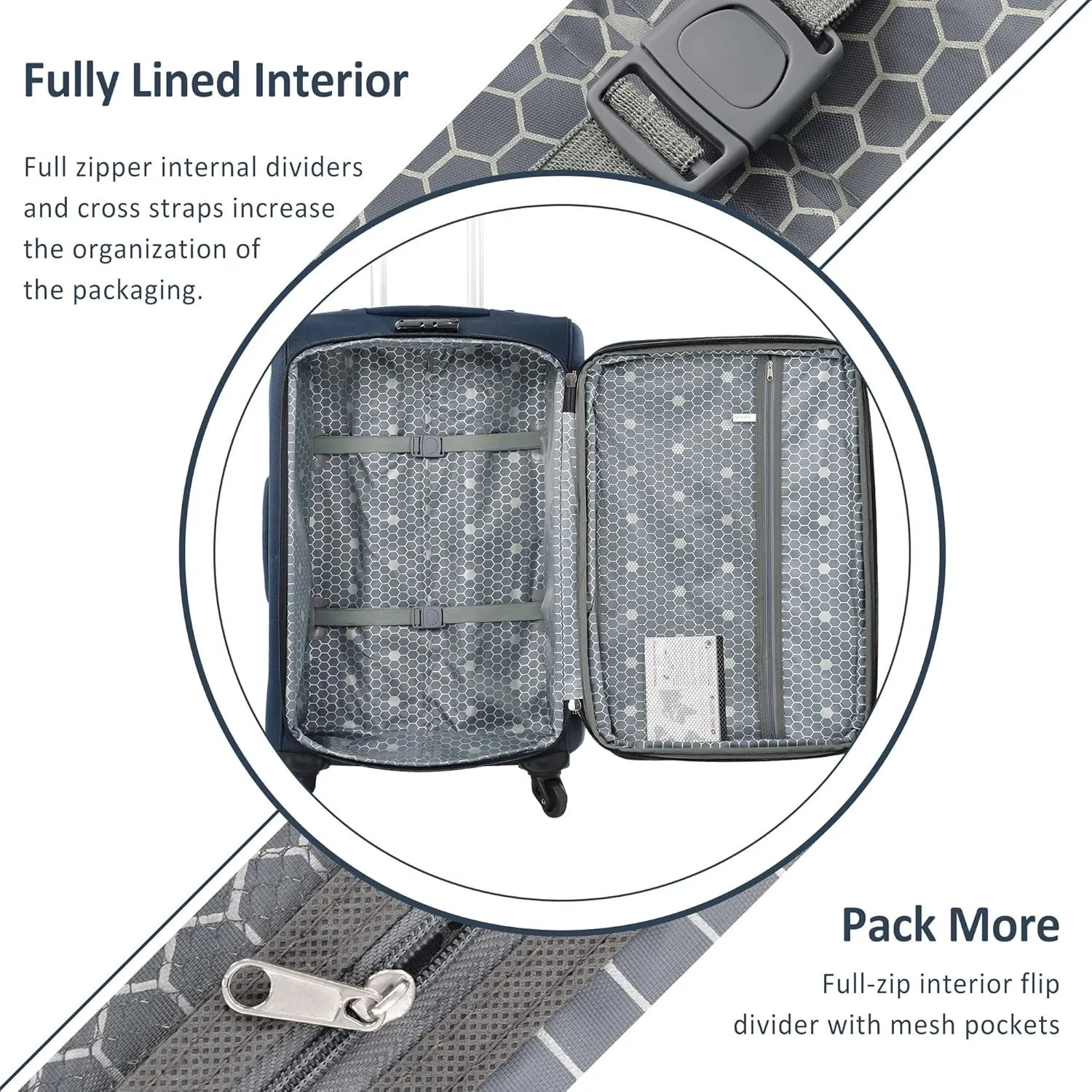 Expandable Softside Luggage Sets 3 Piece, Upright Spinner Suitcase Sets, Lightweight Durable Travel Softshell Set TSA Lock, 20in/24in/28in, Dark Blue