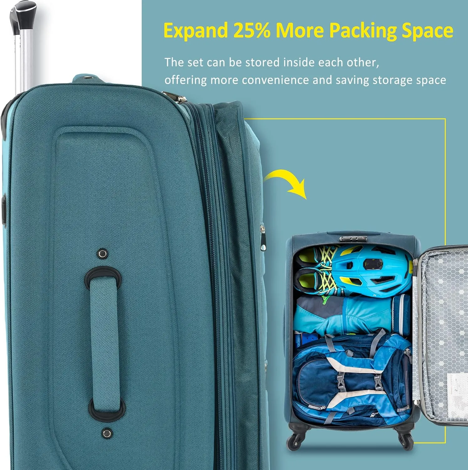 Expandable Softside Luggage Sets 3 Piece, Upright Spinner Suitcase Sets, Lightweight Durable Travel Softshell Set TSA Lock, 20in/24in/28in, Green