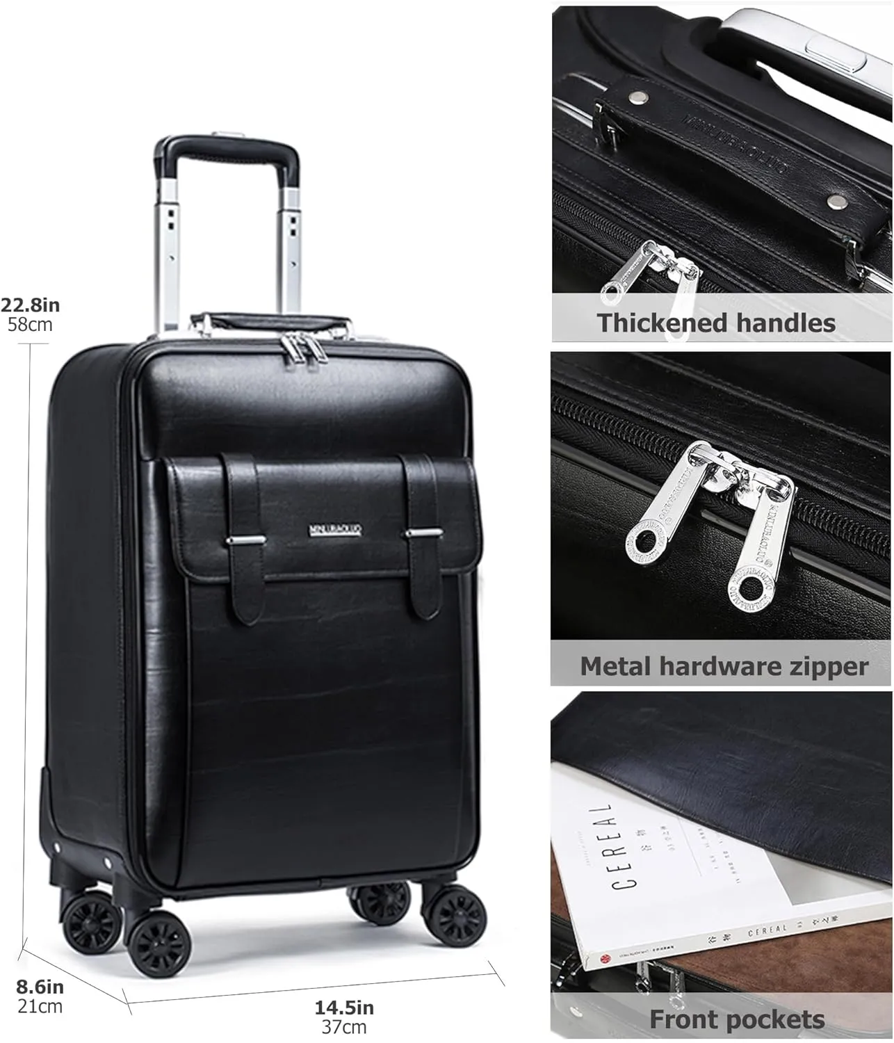 feilario Business Spinner Wheels Luggage PVC Leather Waterproof Carry-On Suitcase Aluminum Alloy Handle Soft Shell Luggage with TSA Lock (Black, 20in)