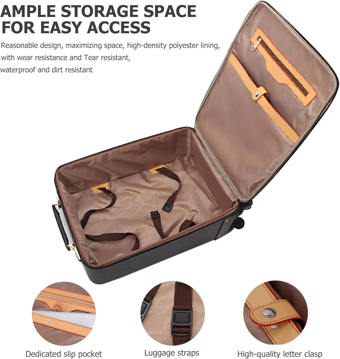 feilario Business Spinner Wheels Luggage PVC Leather Waterproof Carry-On Suitcase Aluminum Alloy Handle Soft Shell Luggage with TSA Lock (Black, 20in)