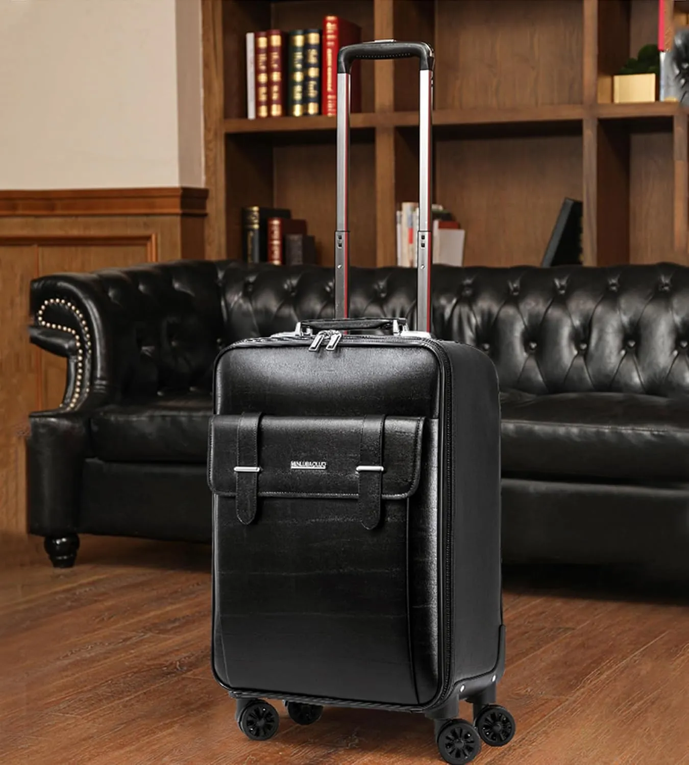 feilario Business Spinner Wheels Luggage PVC Leather Waterproof Carry-On Suitcase Aluminum Alloy Handle Soft Shell Luggage with TSA Lock (Black, 20in)
