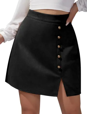 FEOYA Women's Faux Suede Split High Waist Mini Skirt Leather Skirt for Winter Fall Spring