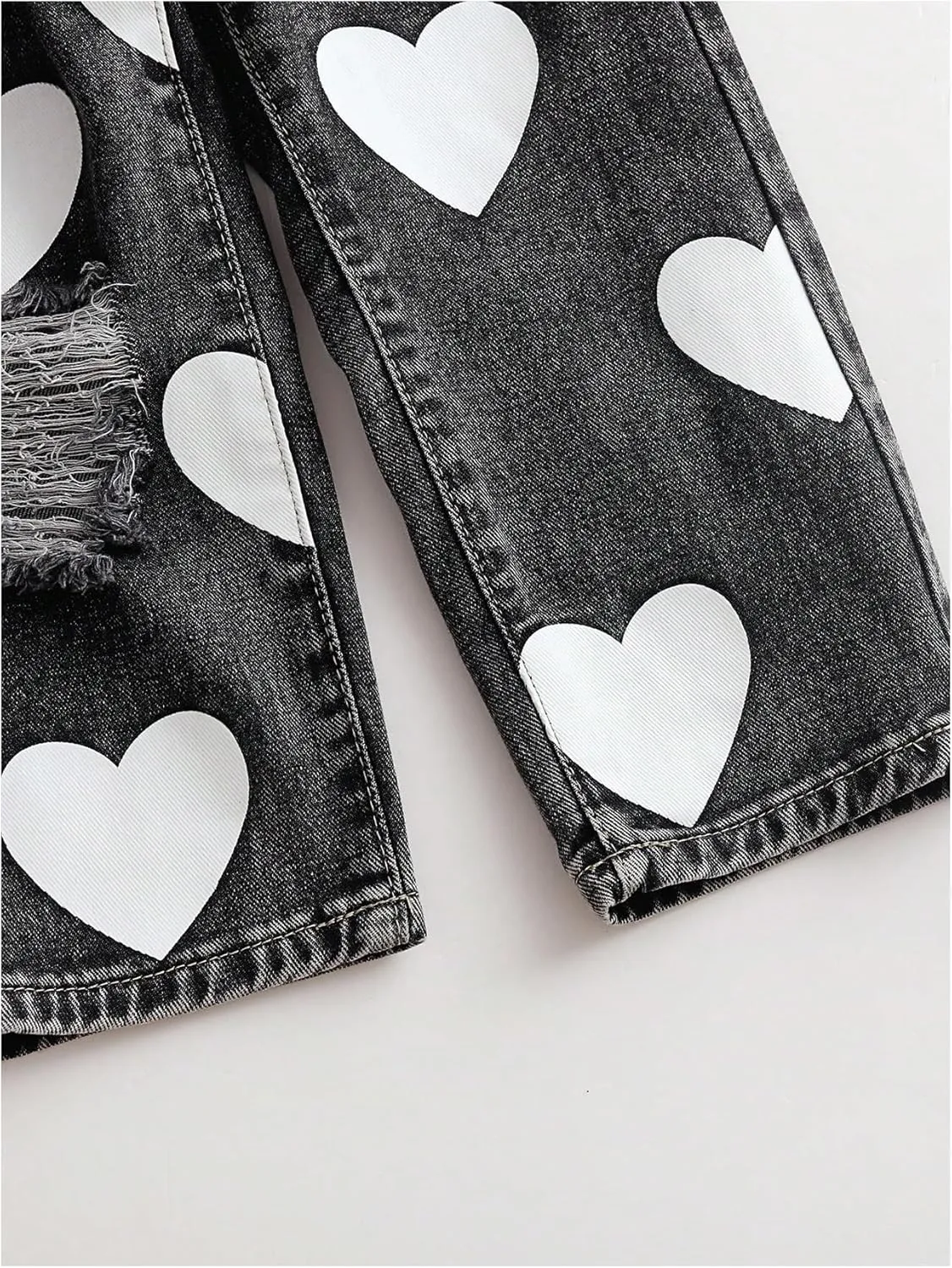 Floerns Toddler Girl's Heart Print Jeans Distressed Ripped Straight Leg Denim Pants