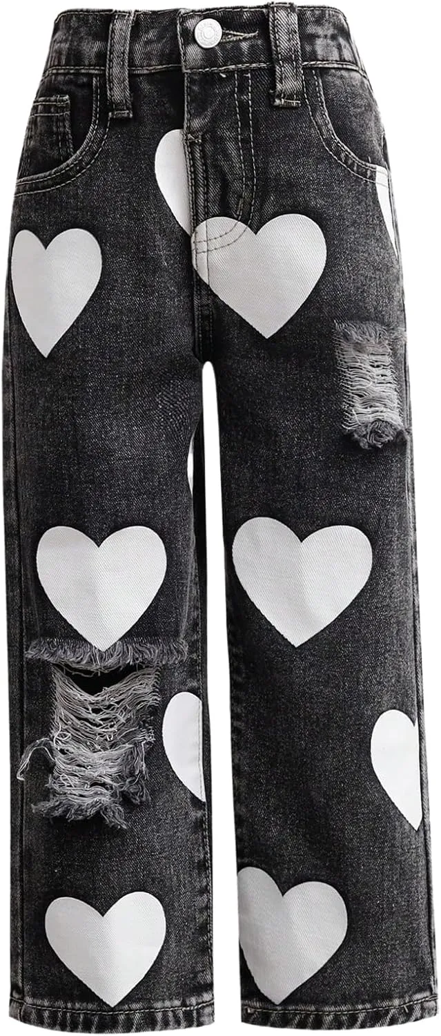 Floerns Toddler Girl's Heart Print Jeans Distressed Ripped Straight Leg Denim Pants