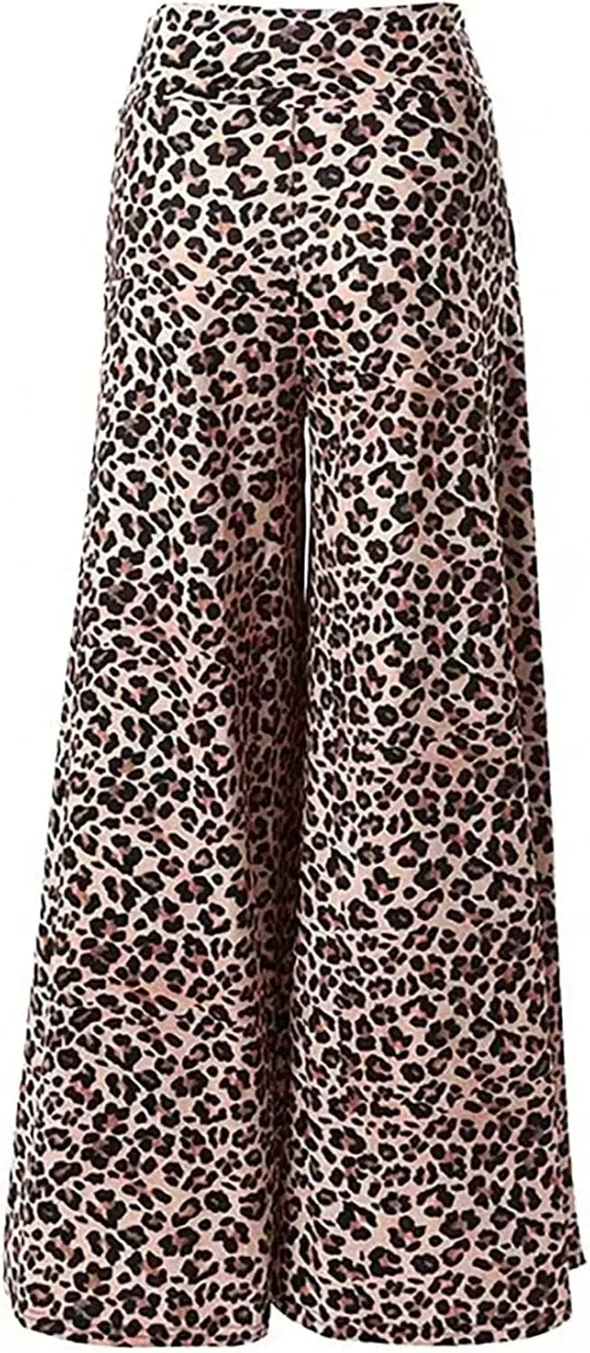 Floerns Women's Elastic High Waist Trousers Leopard Print Wide Leg Palazzo Pants