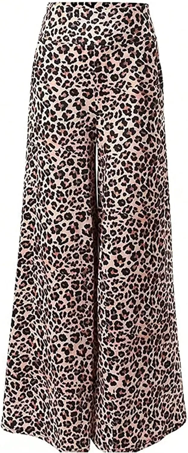 Floerns Women's Elastic High Waist Trousers Leopard Print Wide Leg Palazzo Pants