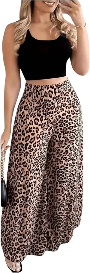 Floerns Women's Elastic High Waist Trousers Leopard Print Wide Leg Palazzo Pants