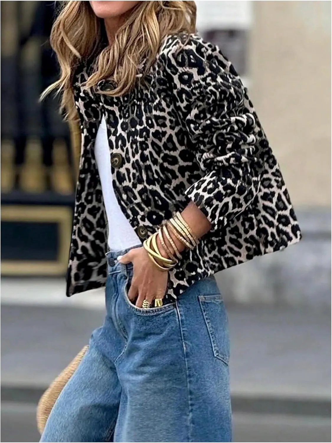 Floerns Women's Leopard Print Collared Neck Jacket Puff Long Sleeve Button Down Outwear