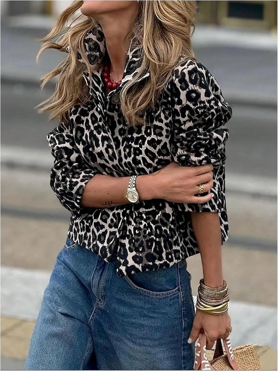 Floerns Women's Leopard Print Collared Neck Jacket Puff Long Sleeve Button Down Outwear