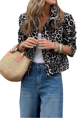 Floerns Women's Leopard Print Collared Neck Jacket Puff Long Sleeve Button Down Outwear