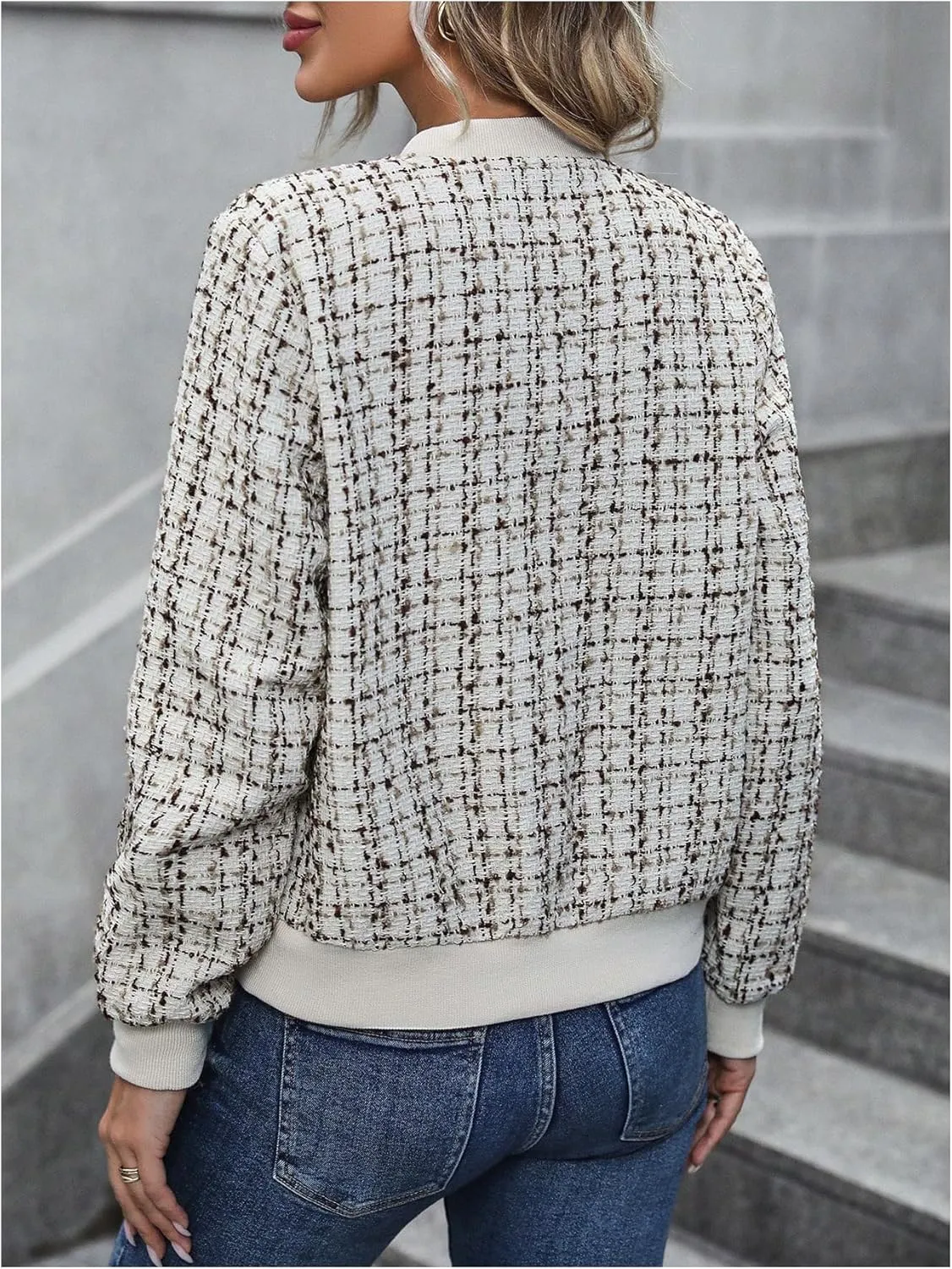 Floerns Women's Plaid Print Zip Up Bomber Jacket Casual Long Sleeve Coat Outwear