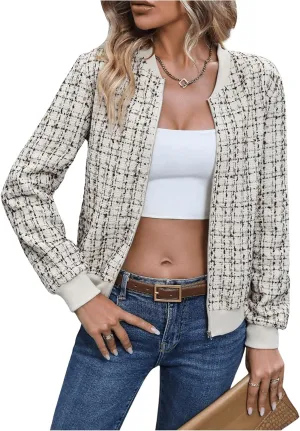 Floerns Women's Plaid Print Zip Up Bomber Jacket Casual Long Sleeve Coat Outwear