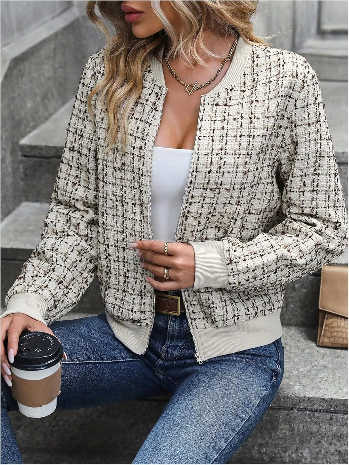Floerns Women's Plaid Print Zip Up Bomber Jacket Casual Long Sleeve Coat Outwear