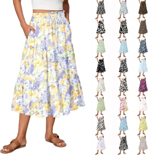 Floral Skirts for Women Trendy Knee Length High Waisted Boho Midi Skirts Cute Tiered Aline Flowy Skirt with Pockets