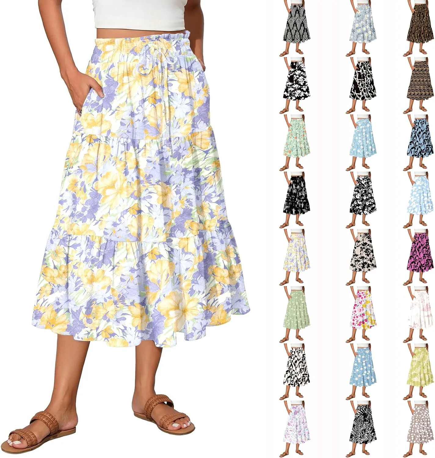 Floral Skirts for Women Trendy Knee Length High Waisted Boho Midi Skirts Cute Tiered Aline Flowy Skirt with Pockets