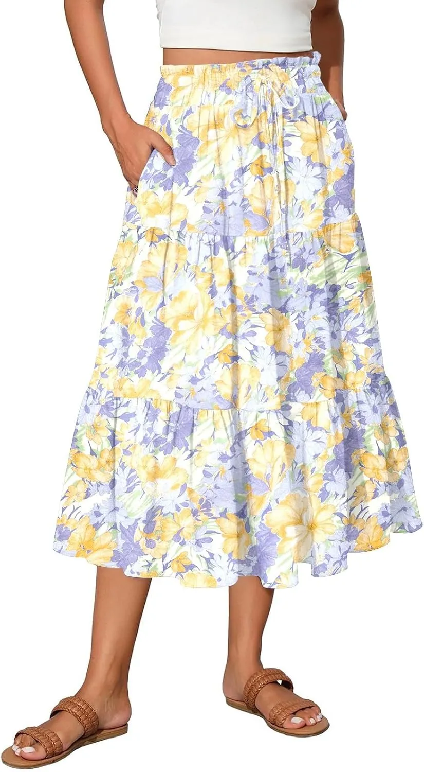 Floral Skirts for Women Trendy Knee Length High Waisted Boho Midi Skirts Cute Tiered Aline Flowy Skirt with Pockets
