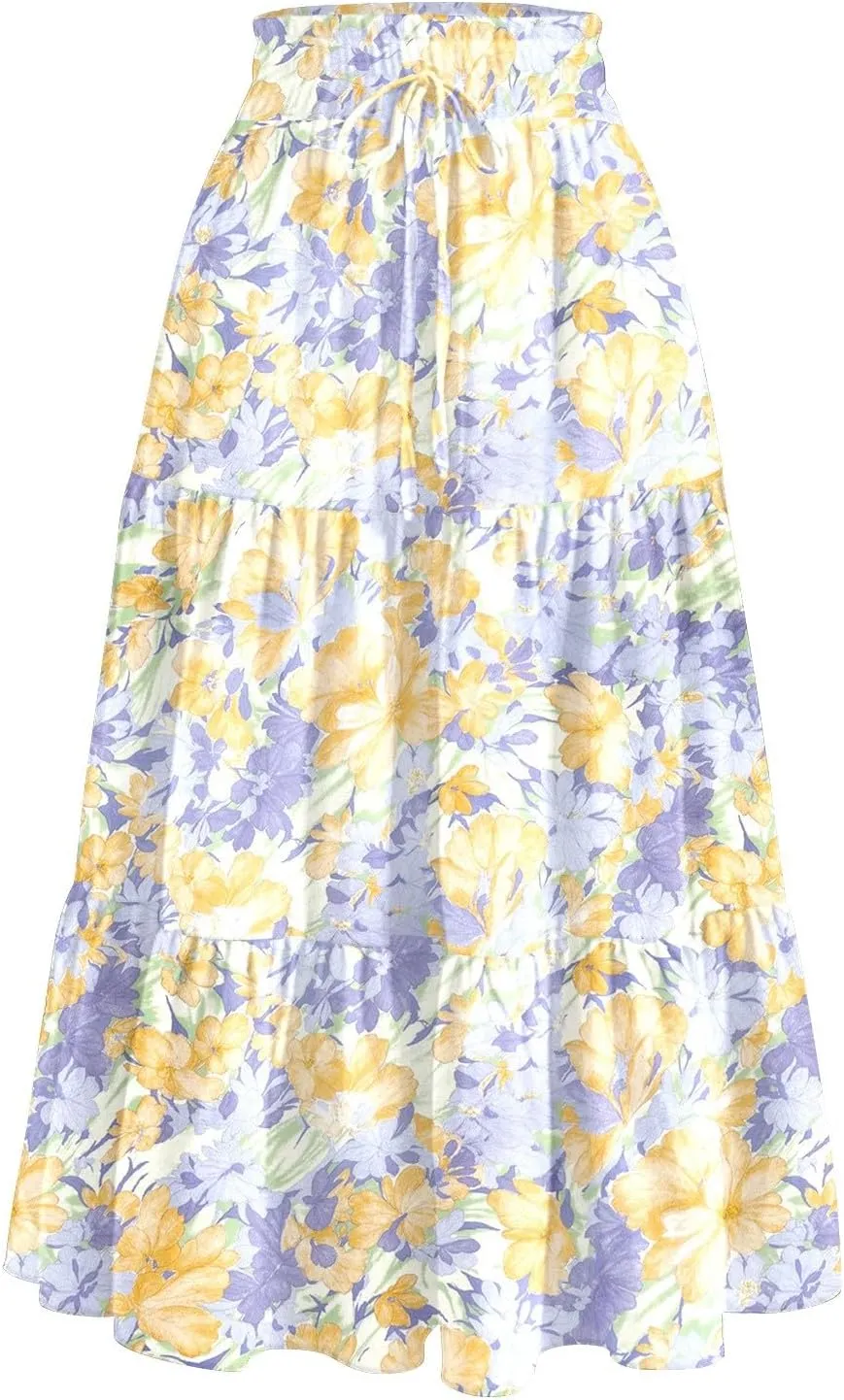 Floral Skirts for Women Trendy Knee Length High Waisted Boho Midi Skirts Cute Tiered Aline Flowy Skirt with Pockets