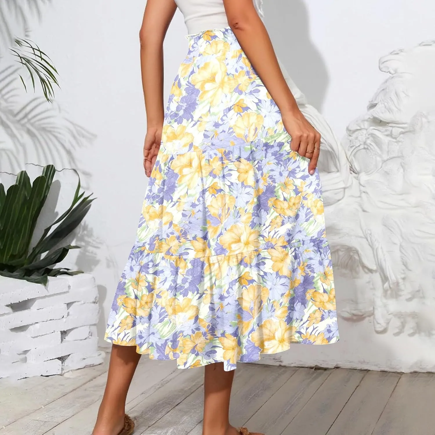 Floral Skirts for Women Trendy Knee Length High Waisted Boho Midi Skirts Cute Tiered Aline Flowy Skirt with Pockets