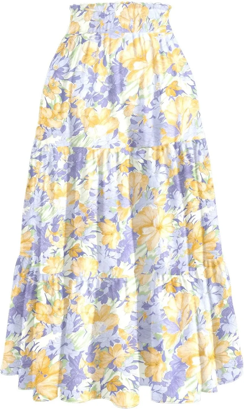 Floral Skirts for Women Trendy Knee Length High Waisted Boho Midi Skirts Cute Tiered Aline Flowy Skirt with Pockets